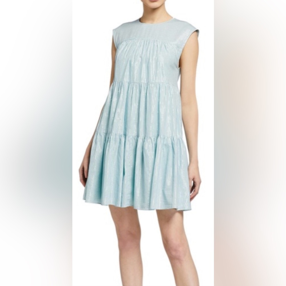 REBECCA MINKOFF Lizzie Tiered Babydoll Dress Pockets Blue Silver Thread Small